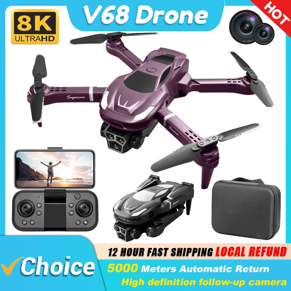 V68 RC Drone 8k Profesional Three HD Camera 2.4G Obstacle Avoidance Aerial Photography Optical Flow Foldable Quadcopter Toy Gift