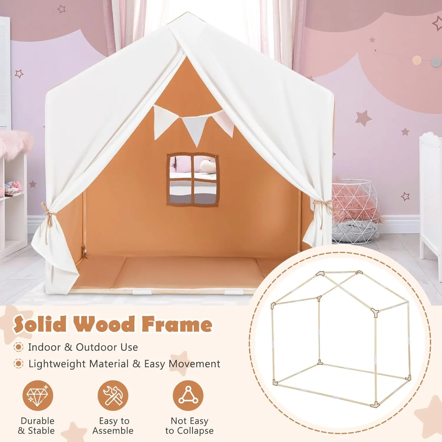 Kids Play Tent, Toddler Tent Indoor Playhouses with Mat, Windows, Curtain, Solid Wood Frame, 52" x36" x 52", Large Children Prin