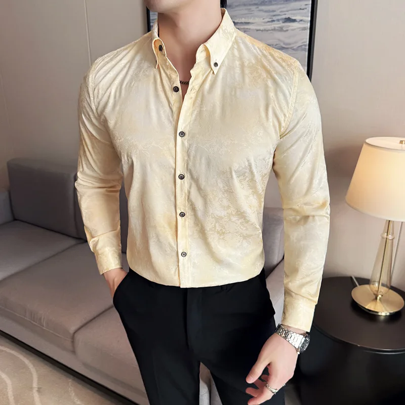 New Pattern Bottoming Shirt Men's Long-sleeved Slim-fitting Trend Non-ironing British Personalized Printed Shirt Thin