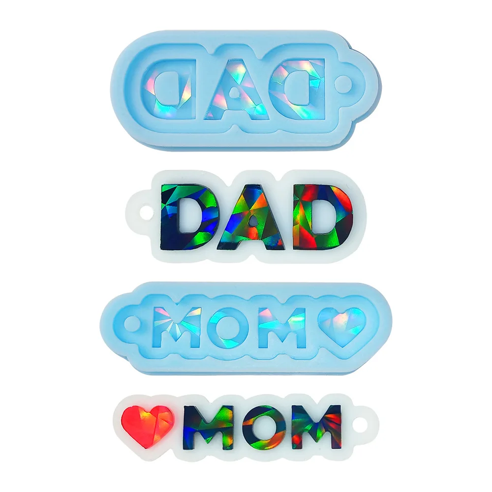 DIY Holographic Keychain Silicone Mold Mom Dad English Letters Keychain Mirror Crystal Epoxy Silicone Mold  Jewelry Pendant Mold