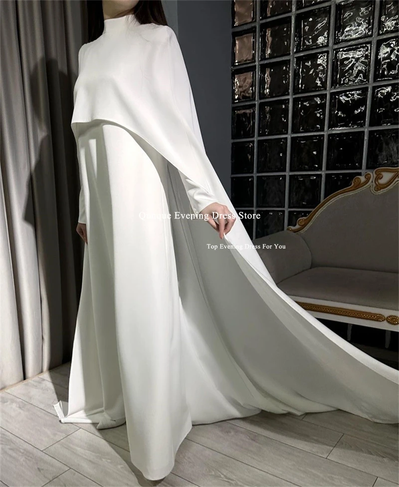 Qunque Elegant Customized Muslim Wedding Dress Formal Prom Gowns Cape High Neck Bridal Gown Arabic Bespoke Bride Evening Dresses