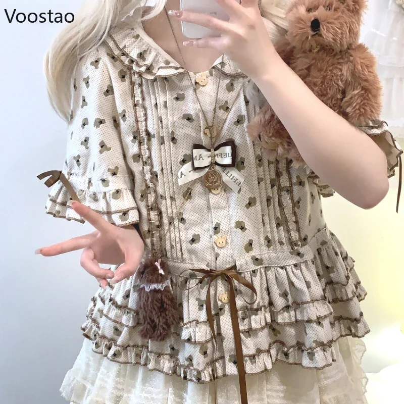

Japanese Sweet Lolita Shirt Women Kawaii Lace Ruffles Bear Print Hooded Blouses Vintage Y2k Tops Blusas Mujer Korean Cute Tees