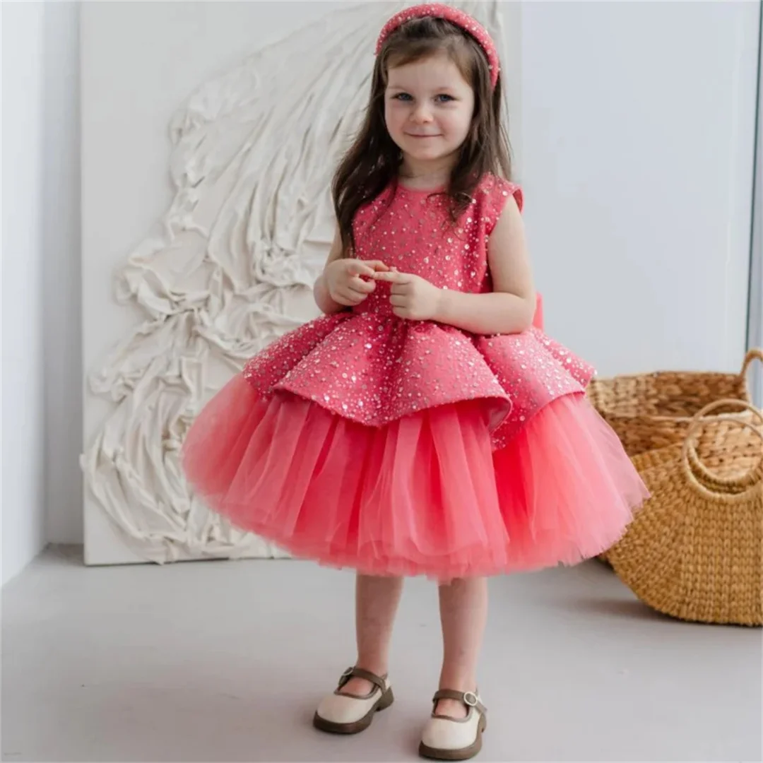 Flower Girl Dresses Dark Pink Tulle Puffy Sequin With Bow Sleeveless For Wedding Birthday Prom Holy Communion Gowns