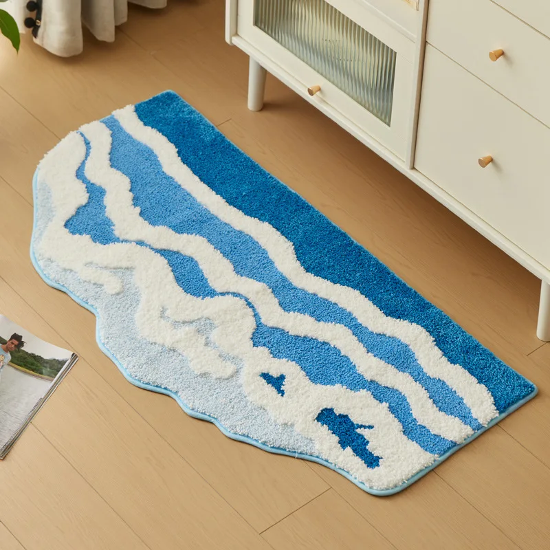 VIKAMA Blue Wavy Floor Mats, Special-Shaped Carpets, Bedroom Bedside Mats, Anti-Slip Mats, Home Decoration Absorbent Floor Mats