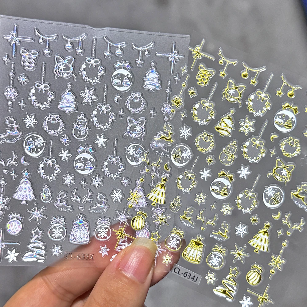 

5D Embossed Christmas Nail Sticker Crystal Ball Tree Snowflake Wreath Nail Decal Gold/Silver/Purple Xmas Winter Nail Slider Deco