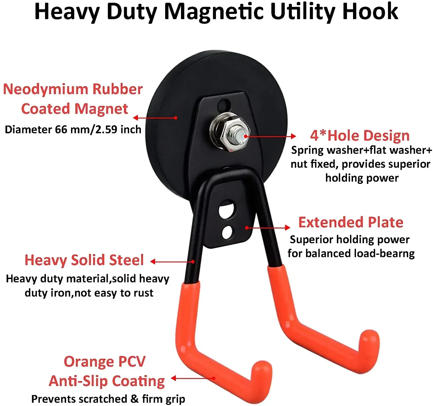 Heavy Duty Large Garage Magnet Hooks, 2 Pack Strong Storage Magnetic Hooks w Anti-Slip Coating for Indoor & Outdoor Hanging