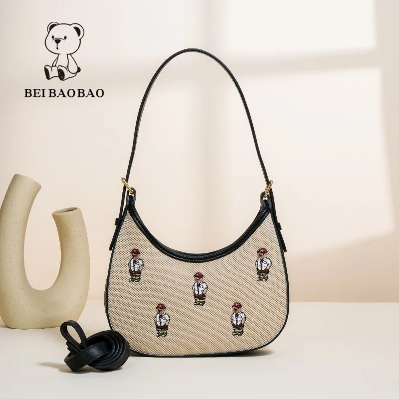 

Beibaobao Underarm Bag Women's Canvas Lightweight Small Shoulder Bag Bear Pattern Design Handbag Popular Women's Crossbody Bags