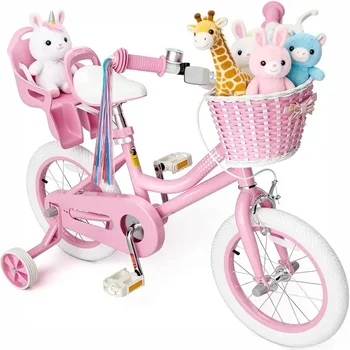 Children's Bike for Ages 2-8, Girls' Doll Seat & Basket, 12-16 Inch with Training Wheels, Streamers Included 1