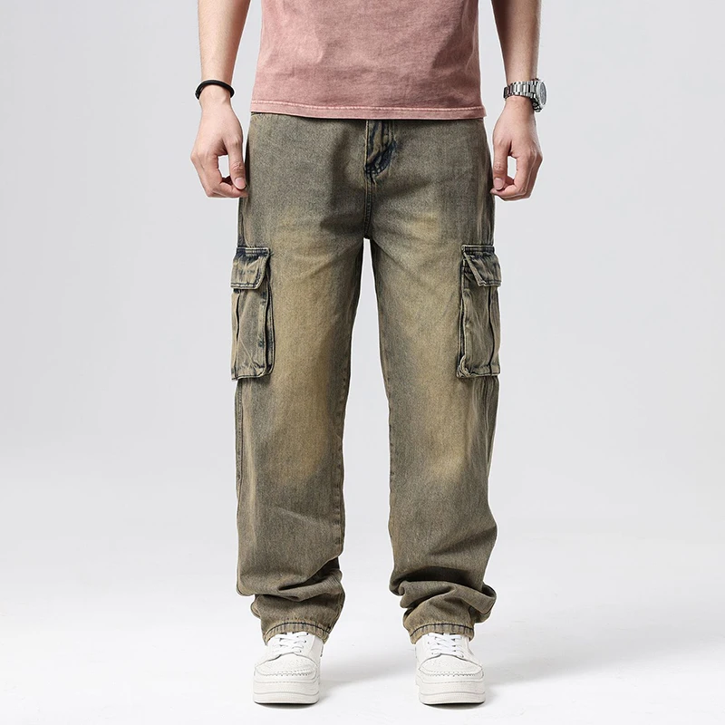 Idopy Multi-pocket Cargo Men's Jeans Loose Yellow Vintage Large Size 30-46 Wokr Military Army Denim Pants Trousers