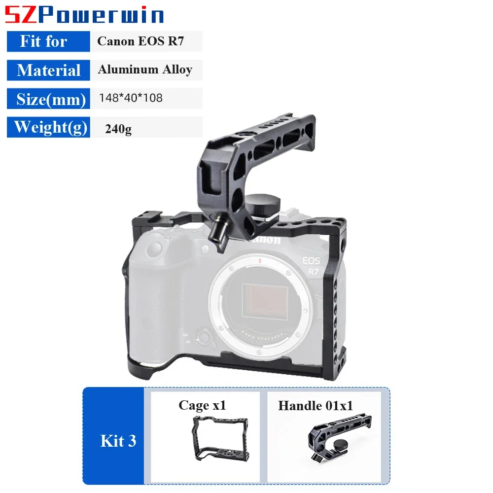 Powerwin Camera Cage For Canon EOS R7 with wooden Handgrid Handle Kit Aluminum Alloy Multifunctional Arri Locating Screw