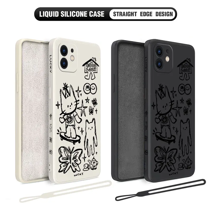 Cute Cartoon Sketch Cat Black Phone Case for Oneplus Nord 3 2 9R 9 8T 8 7 7T Pro 6 5G Liquid Silicone Cover with Hand Strap