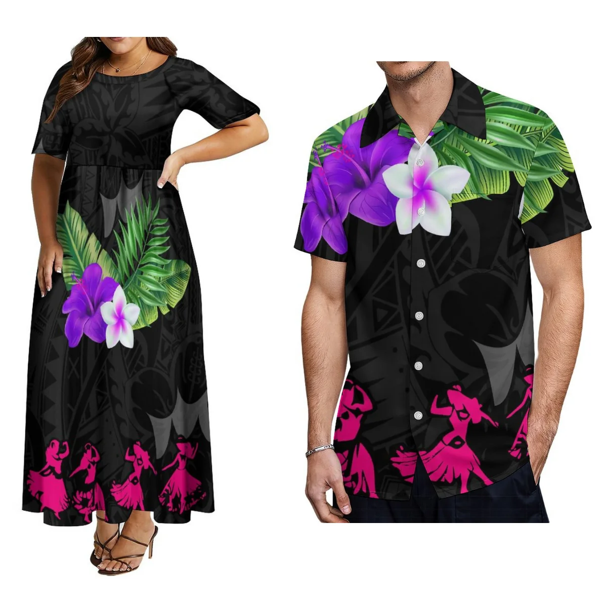 

2024 New Samoa Women'S Crew Neck Dress Tonga Fashion Long Skirt With Men'S Shirt Polynesian Tribal Design Pattern