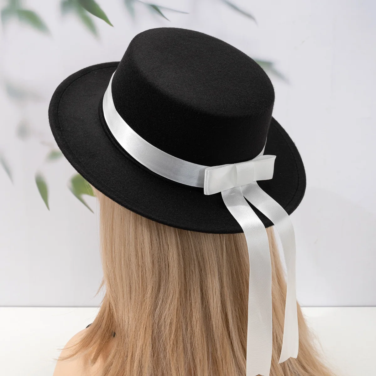 Handmade JKDK Uniform Hat Elegant Flat Top Flat Edge Woolen Academy Style Bowtie Ribbon Hat