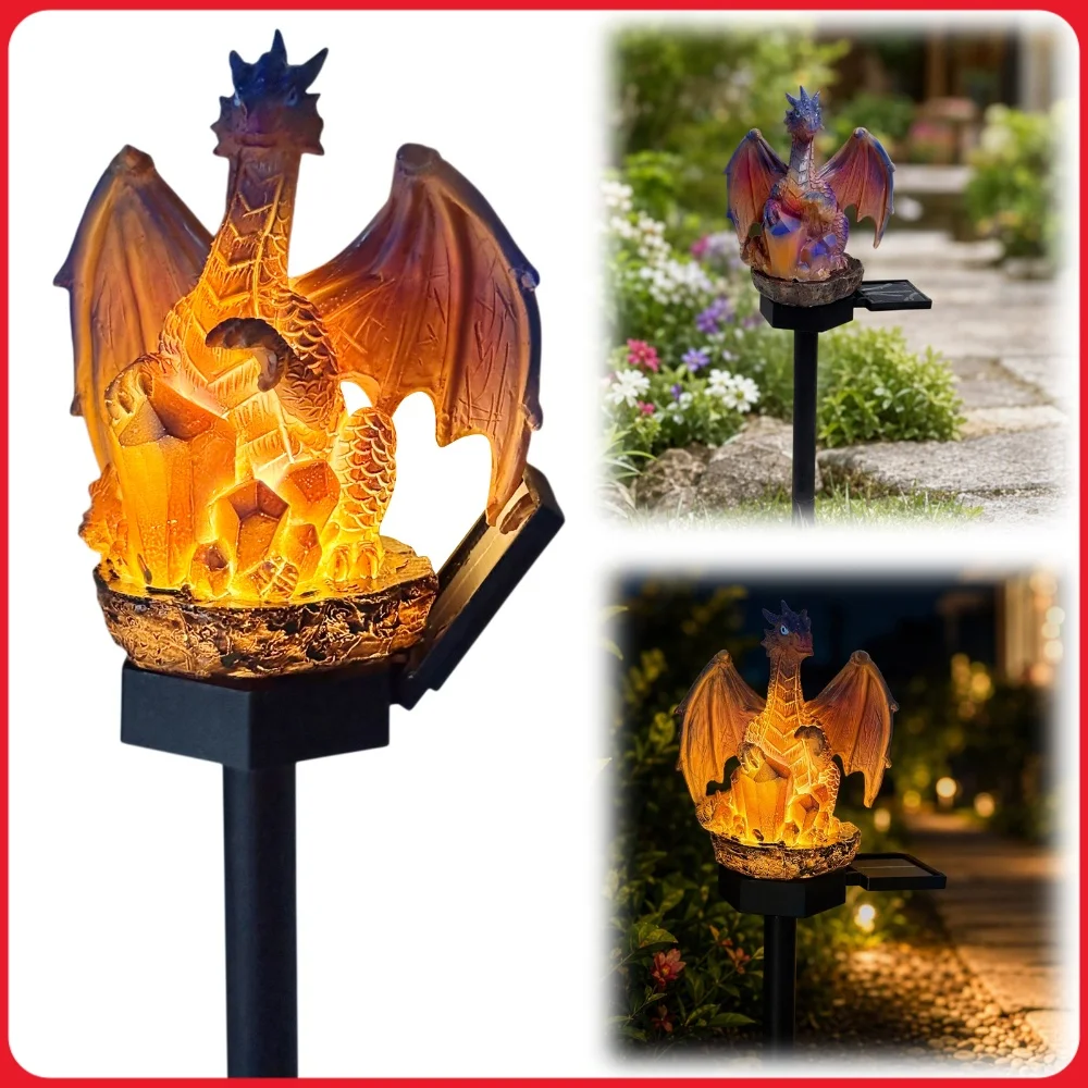 Solar Golden Ember Dragon Stake Lights Weatherproof Gothic Medieval Statue Lamp Multi-Purpose for Housewarming Fantasy Lovers