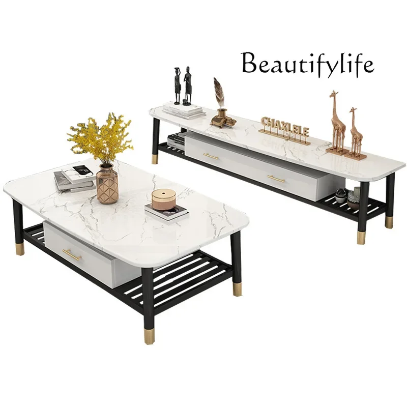 

Postmodern light luxury rock slab TV cabinet household small apartment audio-visual living room video cabinet coffee table