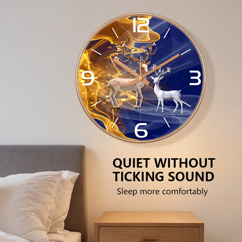 8 inch Luxury Wall Clock Golden Deer Non-Ticking Quartz Clock Rose Gold Frame Elegant Art Decor for Living Room Bedroom Home