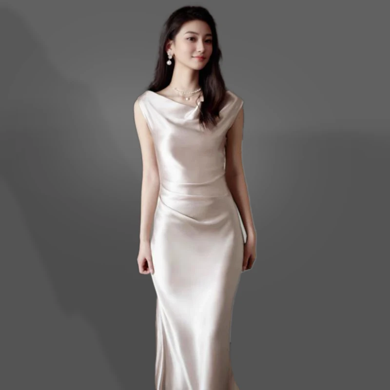 Champagne Gold Satin  Dr Evening Gown oulder Bared Wedding Performance Host Skirt High Waist Polyester Fiber