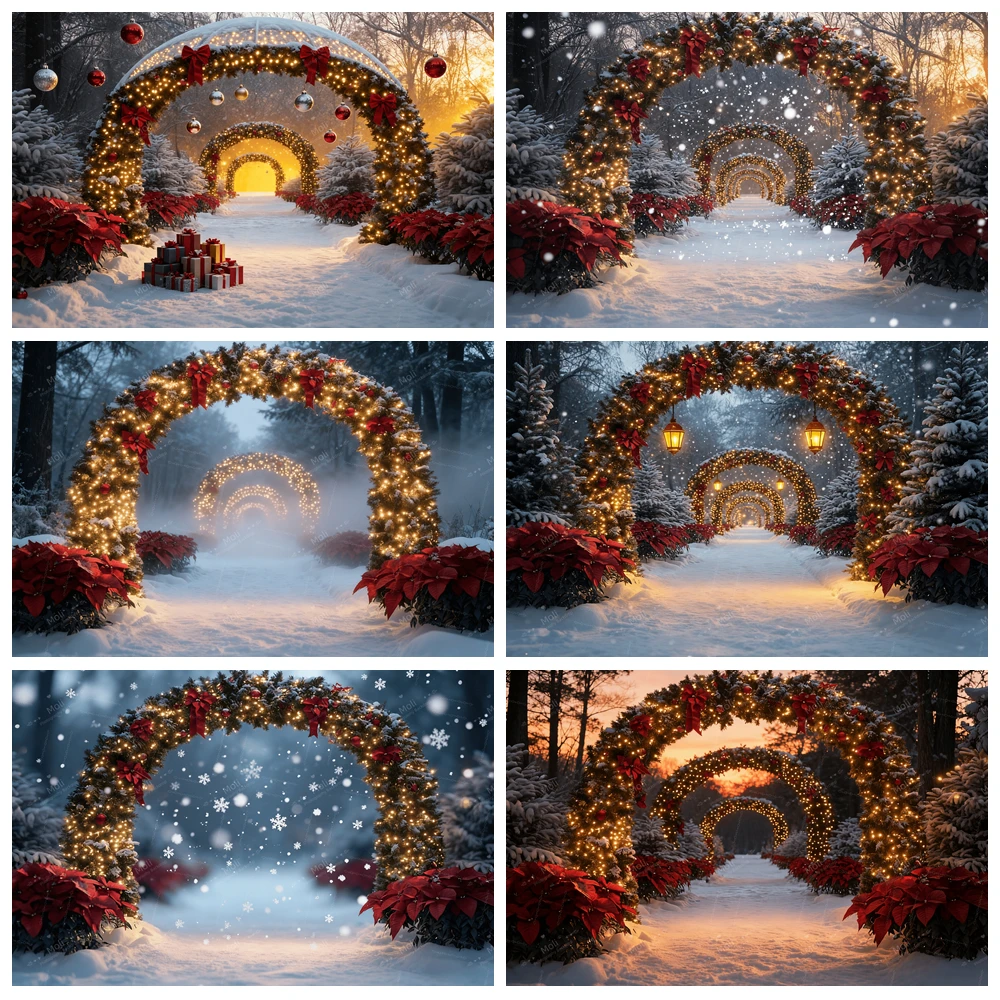 

Christmas Decoration Photo Background Winter Snowy Season Forest Path Flower Garlands Arches Portrait Decor Photography Backdrop