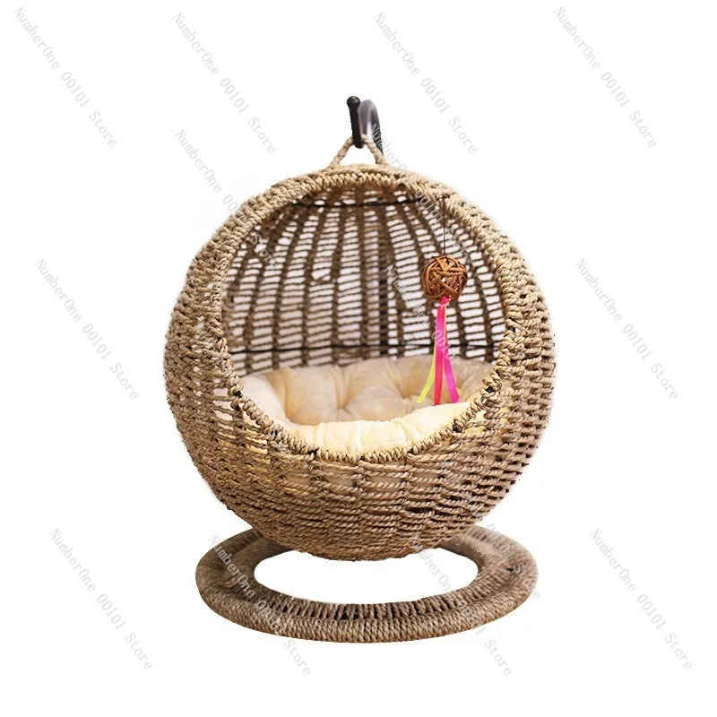 Rattan Cat Hanging Basket Bed Round Semi Enclosed Hammock Swing Lounge All Season Washable Indoor Pet Cave For Summer Winter
