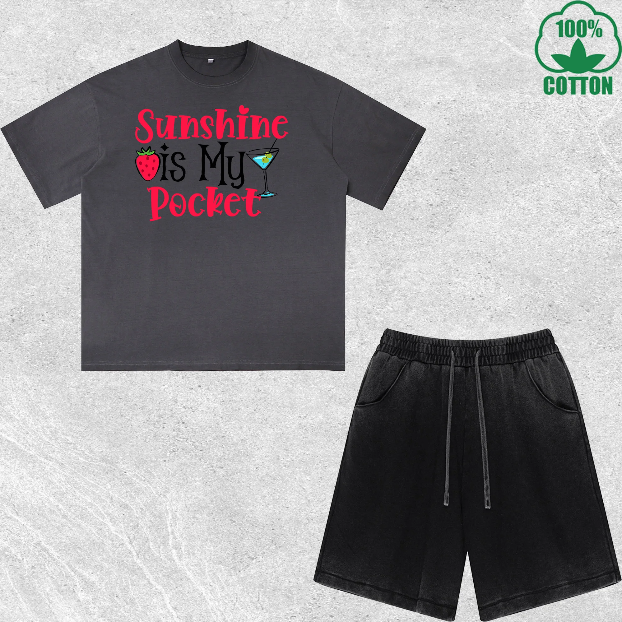 

Sunshine is My Pocket Printed Dirty Wash T-Shirt Shorts Set Combo Loose Trendy Fashionable 100%Cotton Black Suit