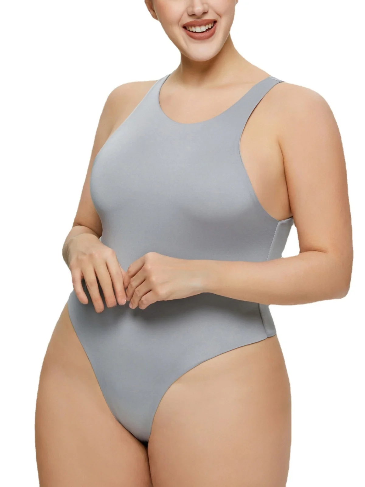 Mono de una pieza de talla ande para mujer, sin mangas, con cuello redondo triangular y plones, muy vendido para comerc...