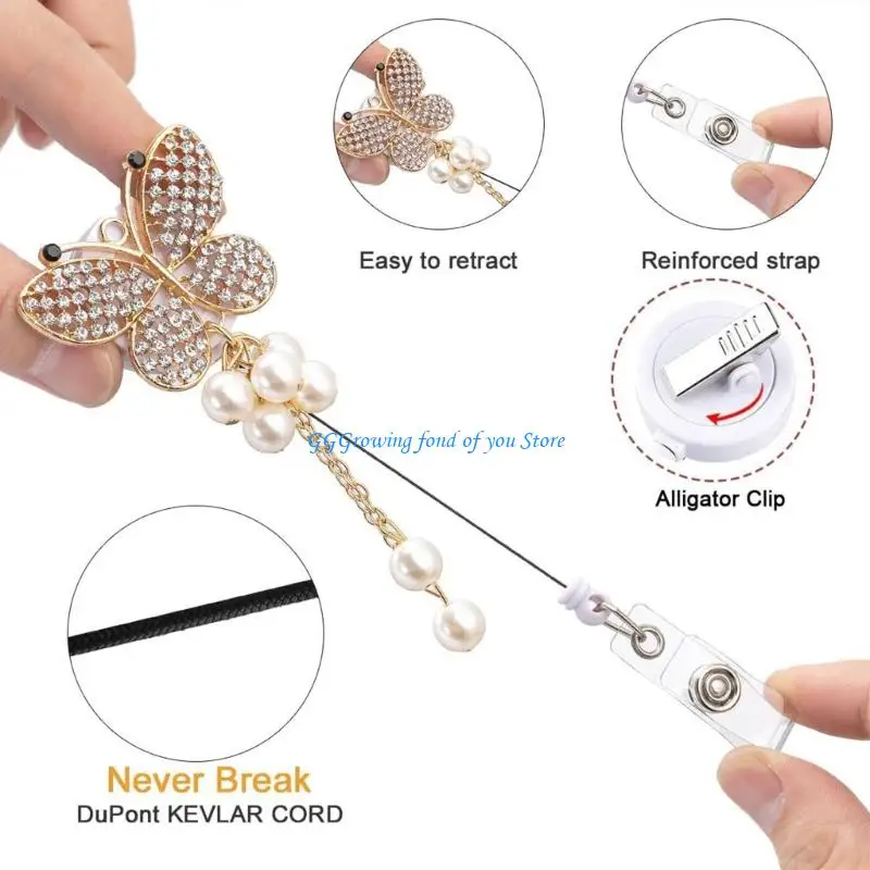 H9EB Stretchable Butterfly Rhinestones Badge Clip 60cm ABS Security Holder for Workplaces Cards and Access Passes