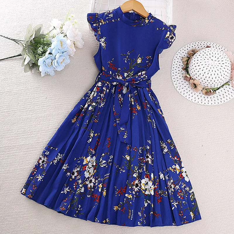 5-15Y Girls Casual Dress Summer Printed Pattern Fashion Children's Dress Flying Sleeve Round Neck Lace Up Pleated Skirt