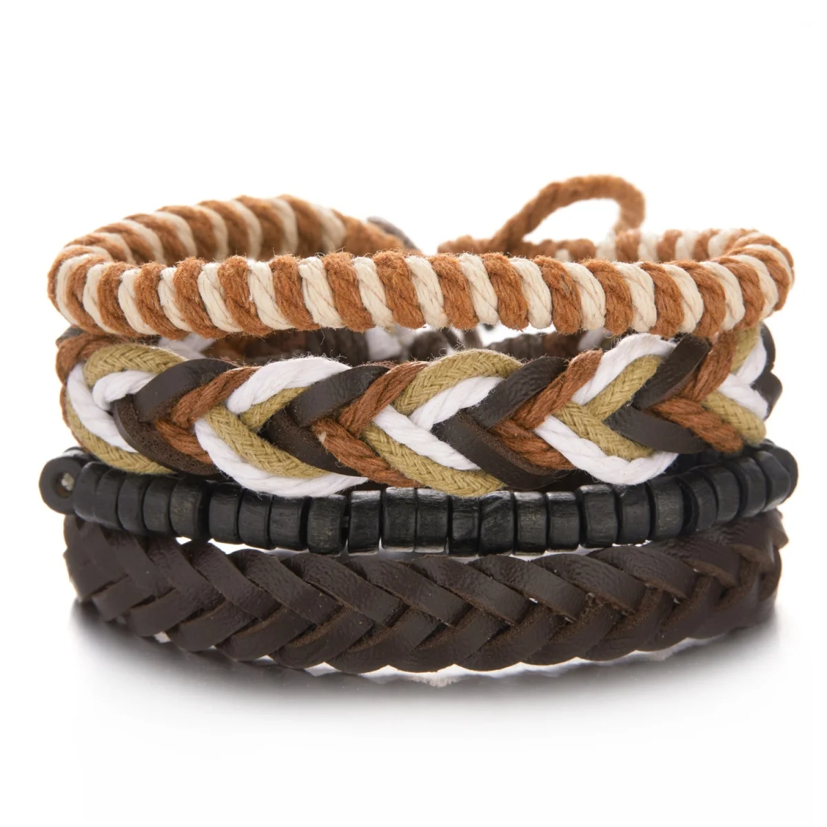4Pcs/Set Vintage Twisted Leather Rope Bracelets For Women Men Multilayer Wooden Beads Handmade String Bangle Punk Party Jewelry