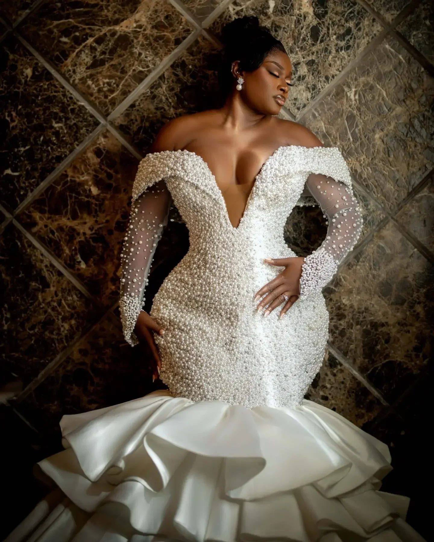 Personalizado plus size marfim sereia vestidos de casamento luxuoso pérolas mangas completas vestidos de noiva vestido de novia