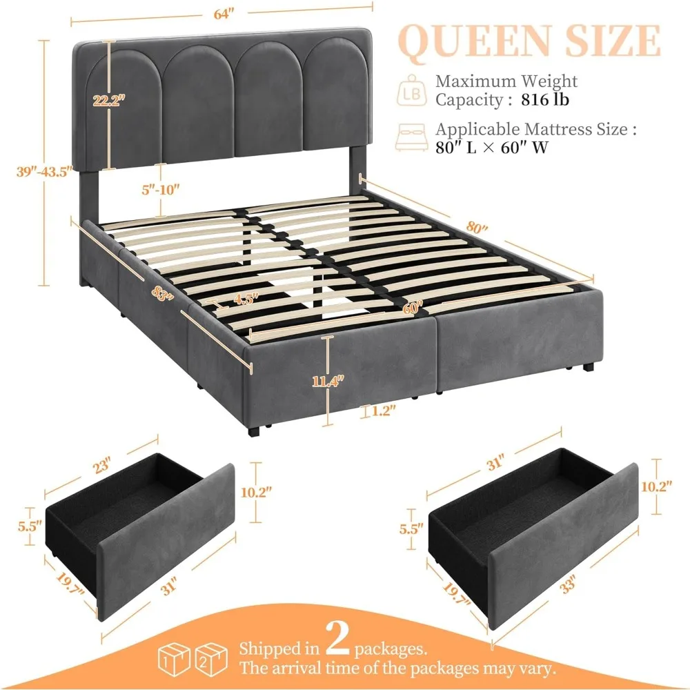 Queen Bed Frame Upholstered Platform Bed with 4 Drawers Storage and Adjustable Headboard,Arch Channel Tufted