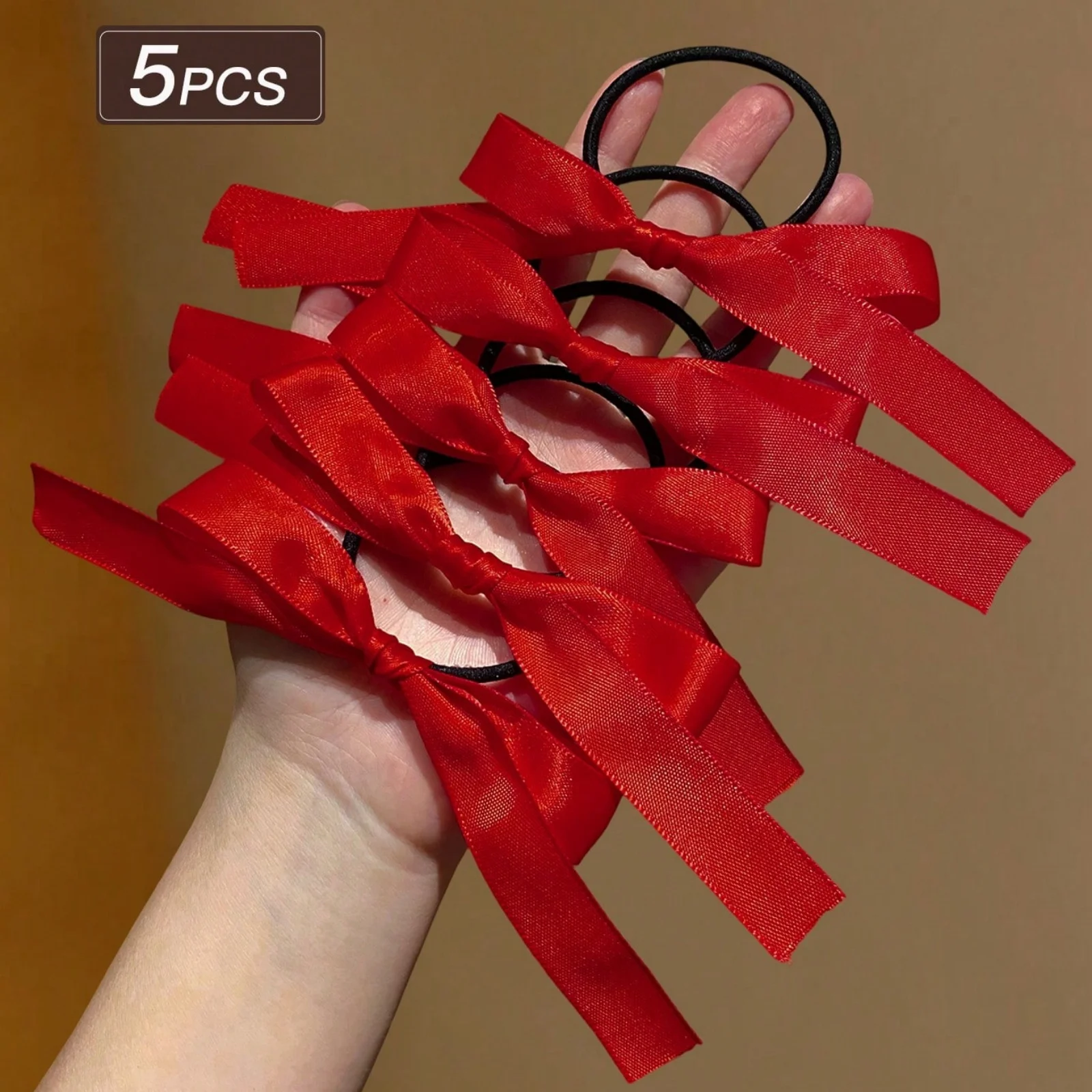 5 Stück Haargummis mit roter Schleife, Haargummis aus Satinband, Haarschmuck für Frauen und Mädchen, trendige Pferdeschwanzhalter für die tägliche Party – Detail 6