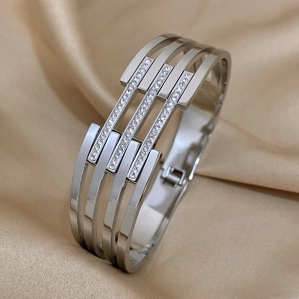 

Freetry Luxury Stainless Steel Inlaid Rhinestone Cuff Bangles for Women Geometric Layered Wide Bracelets Trendy Jewelry Gifts