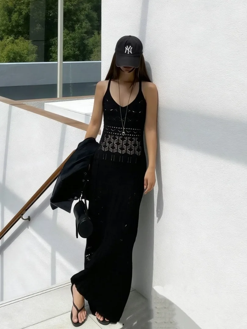 Elegant Chic Hollow out Weave Strap Long Dress Women's Slim Fit Sexy Body Shape Show off V Neckline Full Length Gown