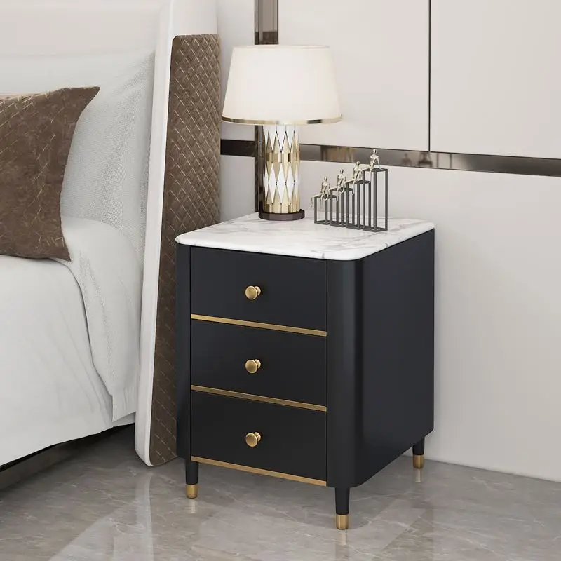 2022 newly design nordic simple style square black delicate  nightstand side table with three drawers for bedroom