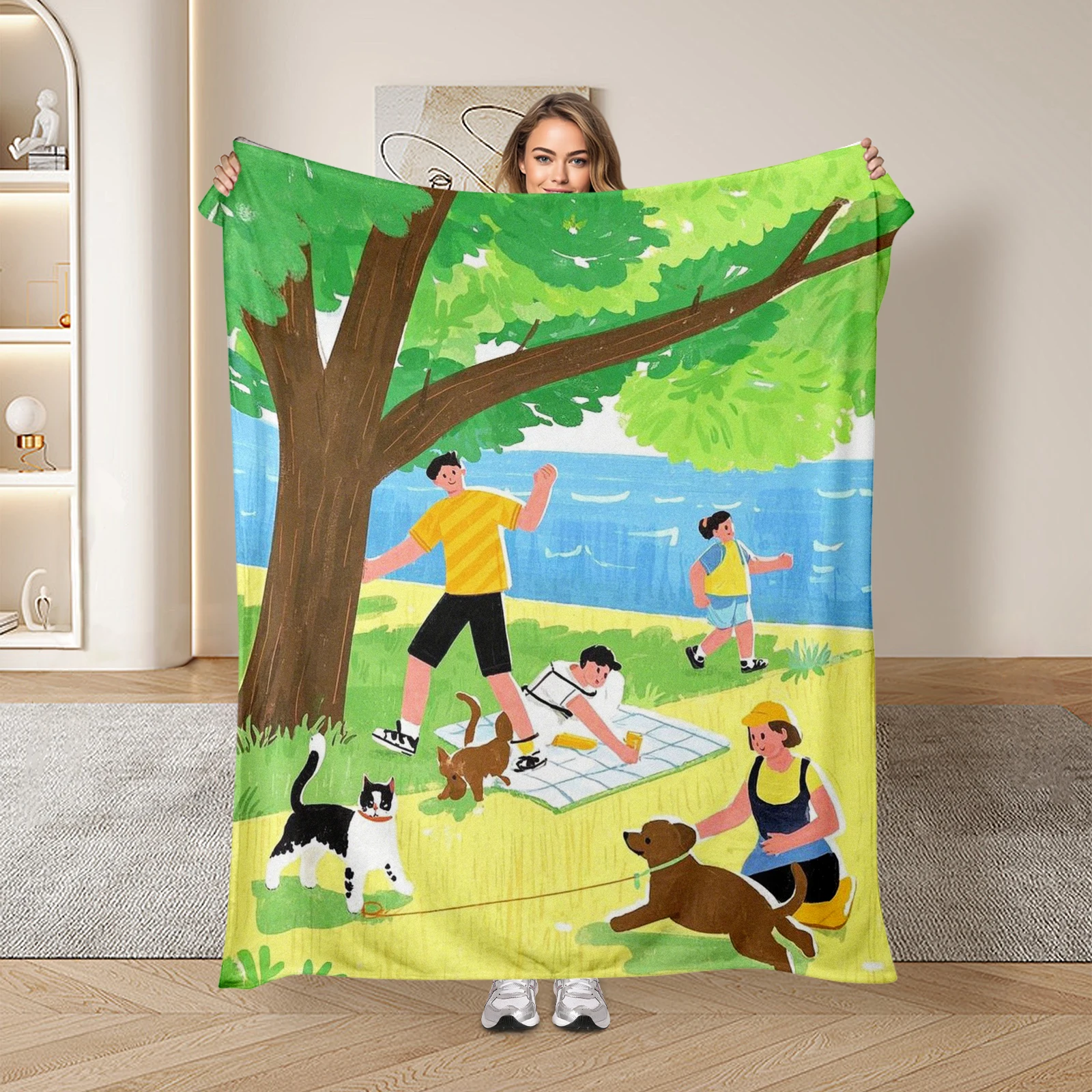 Cartoon People And Dogs Playing On The Grass Blanket Perfect Gift For Loved Ones Brings Joy And Laughter