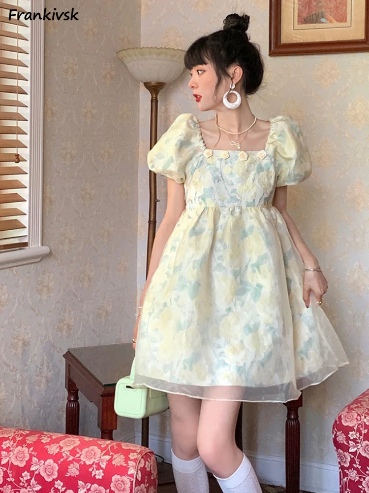 

Puff Sleeve Dresses Women French Style Retro Square Collar Sweet Tutu Slim Summer Ladies Mini Y2k Shivering Elegant Aesthetic