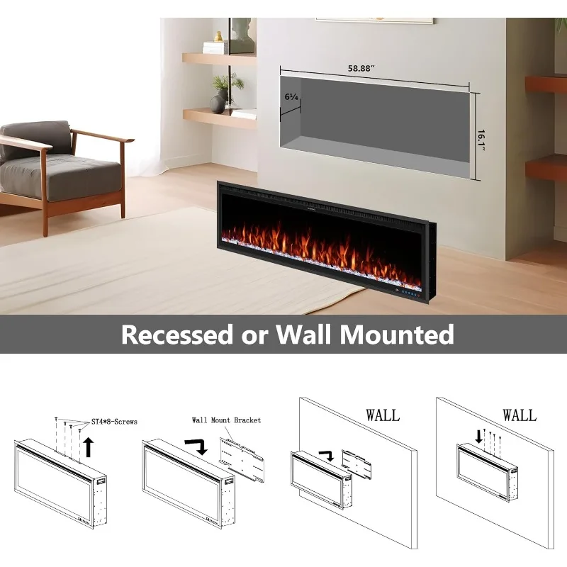 Benrocks 60''WiFi-Enabled Electric Fireplace Inserts Alexa App Control,Slim Recessed Wall Mounted,13*13*3Flame Color Combination
