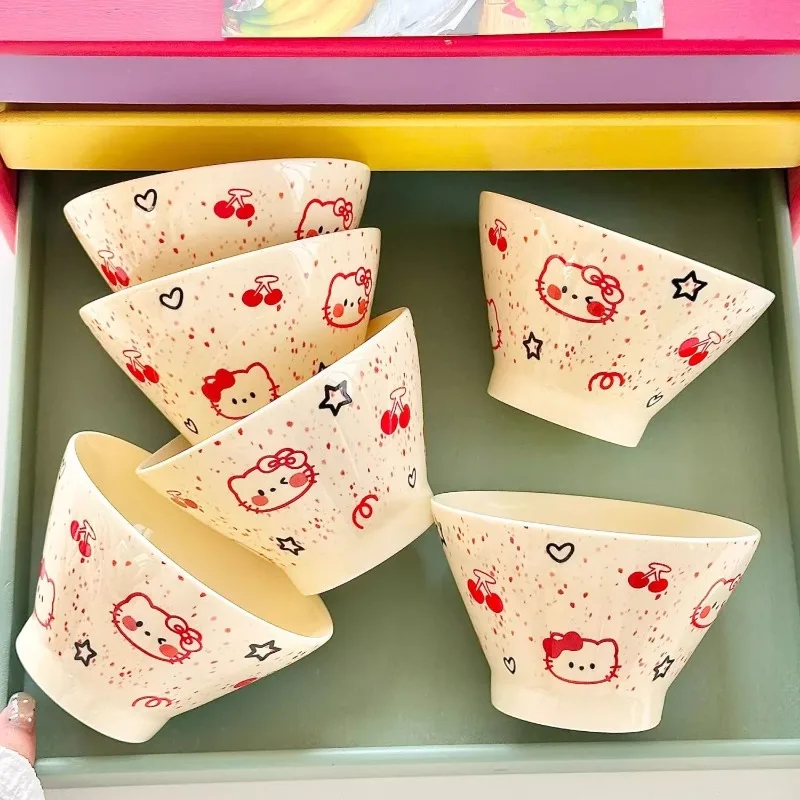 

Hello Kitty Anime Kawaii Sanrio Children Ceramic Rice Bowls Cute Spoon Household Children Dessert Bowls Tableware Gifts Toys