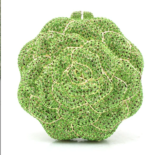 

Luxury Green Rose Flower Crystals Clutch Purse Women Formal Party Evening Handbags Bridal Wedding Rhinestone Minaudiere Purses