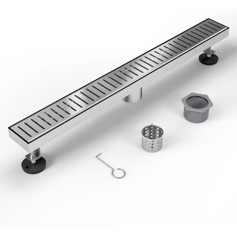 

24 Inch Linear Shower Drain Stainless Steel Brushed Nickel with Removable Capsule Pattern Grate and Hair Strainer