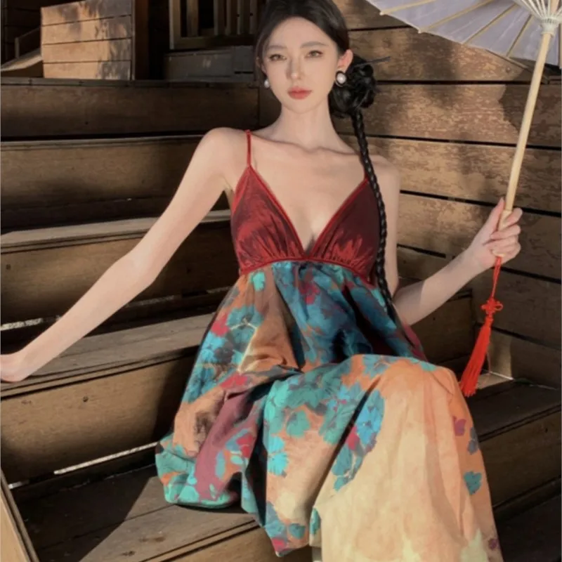 

Vacation Seaside Atmosphere New Chinese Style Overall Dress for Women