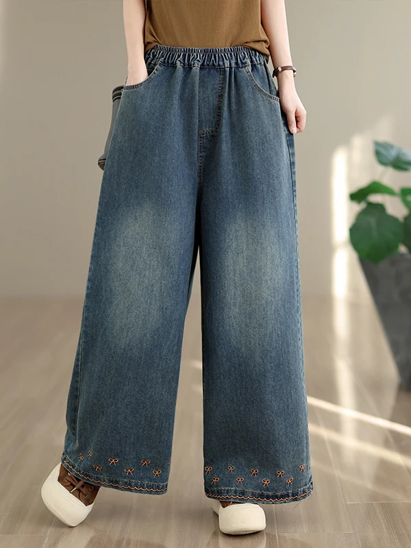 

Summer New plus Size Loose Retro Embroidered Denim Wide Leg Pants Slimming Nine Point Casual High Waist Jeans Ladies Fashion