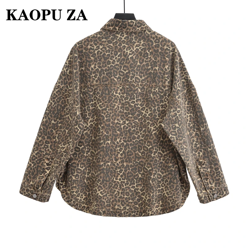 KAOPU ZA 2024 Women\'s Notched Collar Leopard Print Shirt Jacket Long Sleeve Casual Denim Vintage Fall New Fashionable Jacket