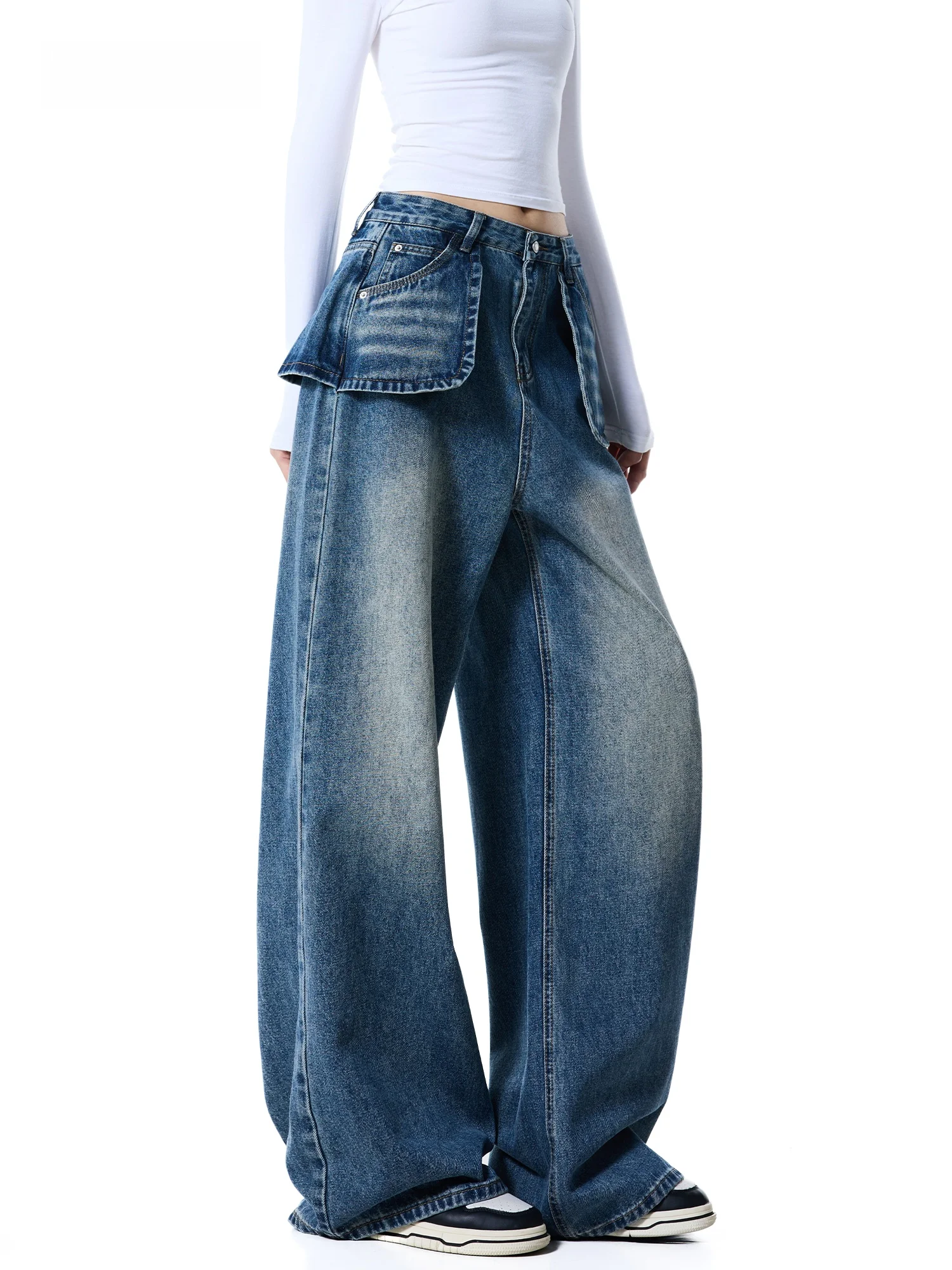 American Style High Waist Wide Leg Denim Jeans Women's Loose Slimming Floor Length Washed Long Trousers Autumn New Arrival