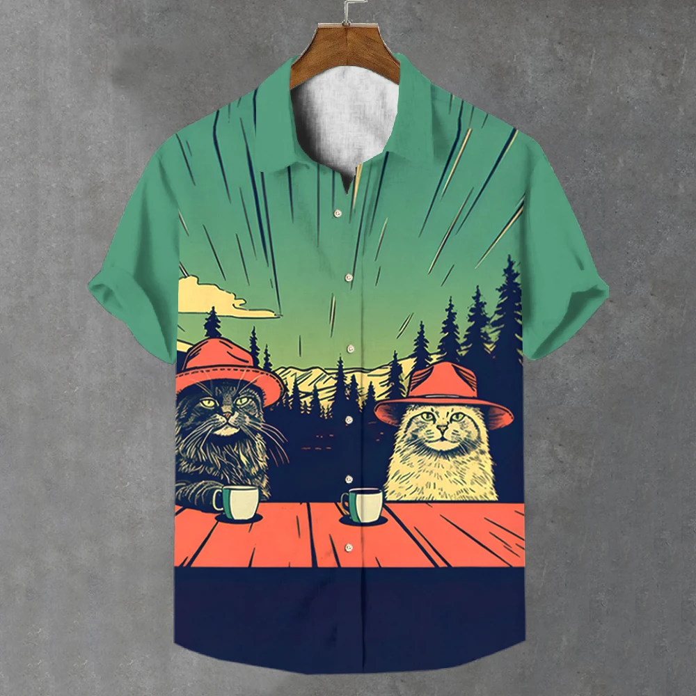 

Summer Men's Shirt Animal Pattern Print Cat Shirts Casual Short Sleeve Streetwear Fashion Male Oversized Clothing Cardigan Tops