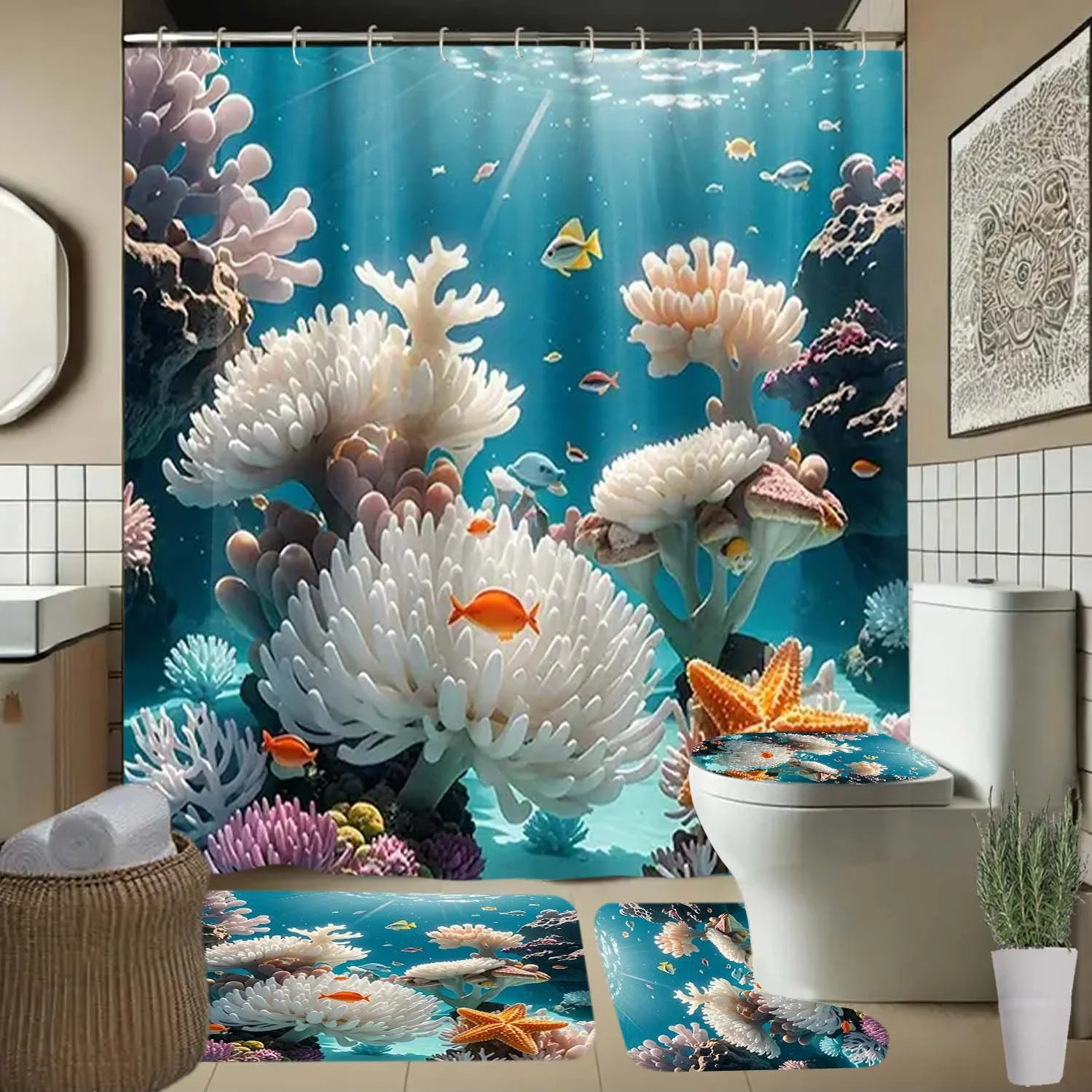 

Ocean, Coral, Fish Pattern Shower Curtain with Hooks, Bathroom Partition Curtains, Home Decor Accessories for All Seasons Elegan