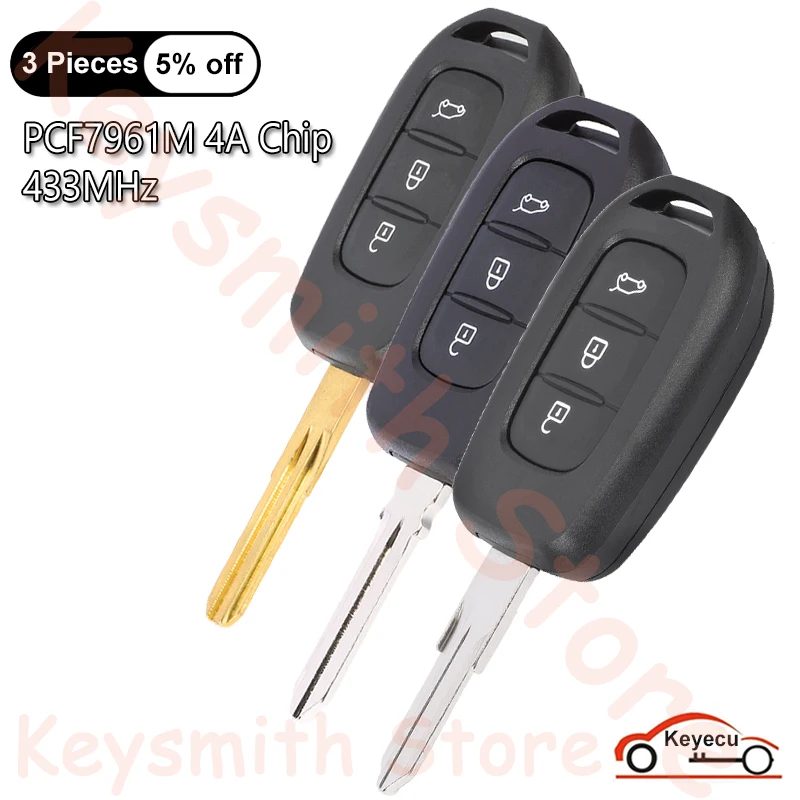 KEYECU 3 Buttons 433MHz PCF7961M 4A Chip for Renault Duster Twingo 3 Dokker Trafic Clio 4 Sandereo Master 3 Logan Remote Key Fob
