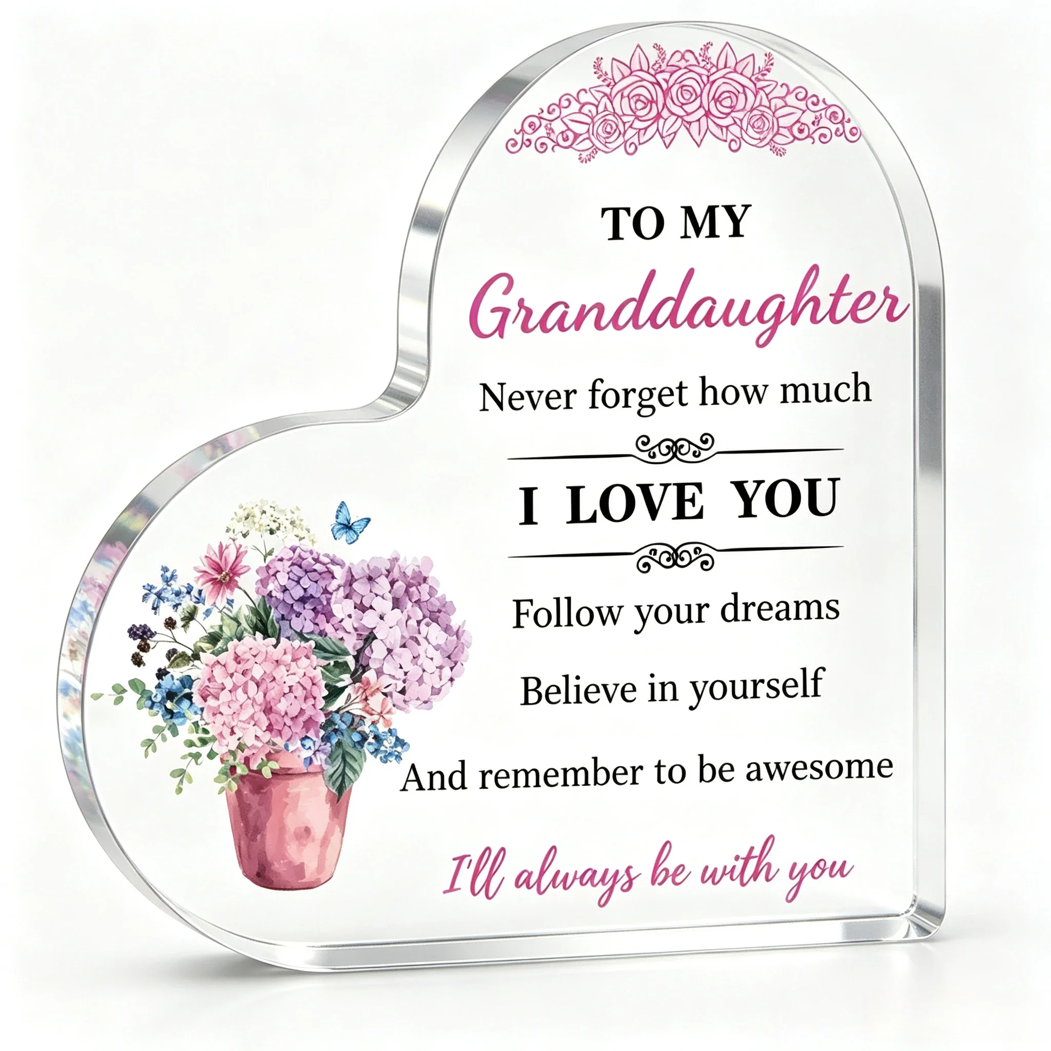 Follow Your Dreams Quote Heart Acrylic Sign, Colorful Floral Butterfly Desktop Decor for Granddaughter