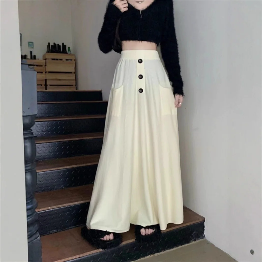 

Loose and Slim Pocket Temperament Knitted Skirt for Womennew Wool Skirt Korean Style Big Styling A-line Long Skirt Trendy