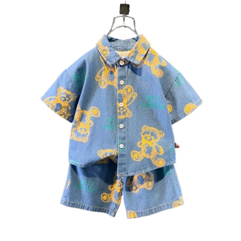 

2025 New Summer Boys Denim Clothing Sets Children Fashion Cartoon Bear T Shirt Shorts 2pcs Infant Baby Casual Outfits Suits